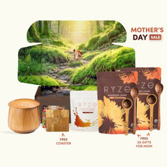 Ryze product set with wooden container, coasters, and packaging on a white background