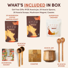 Promotional image of RYZE products including coffee, creamer, and accessories with text about free gifts included.